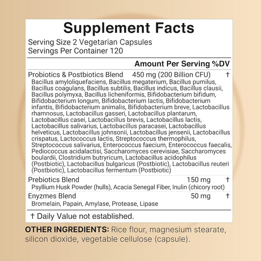 Probióticos orales 40 cepas 200 billones UFC enzimas digestivas + prebióticos